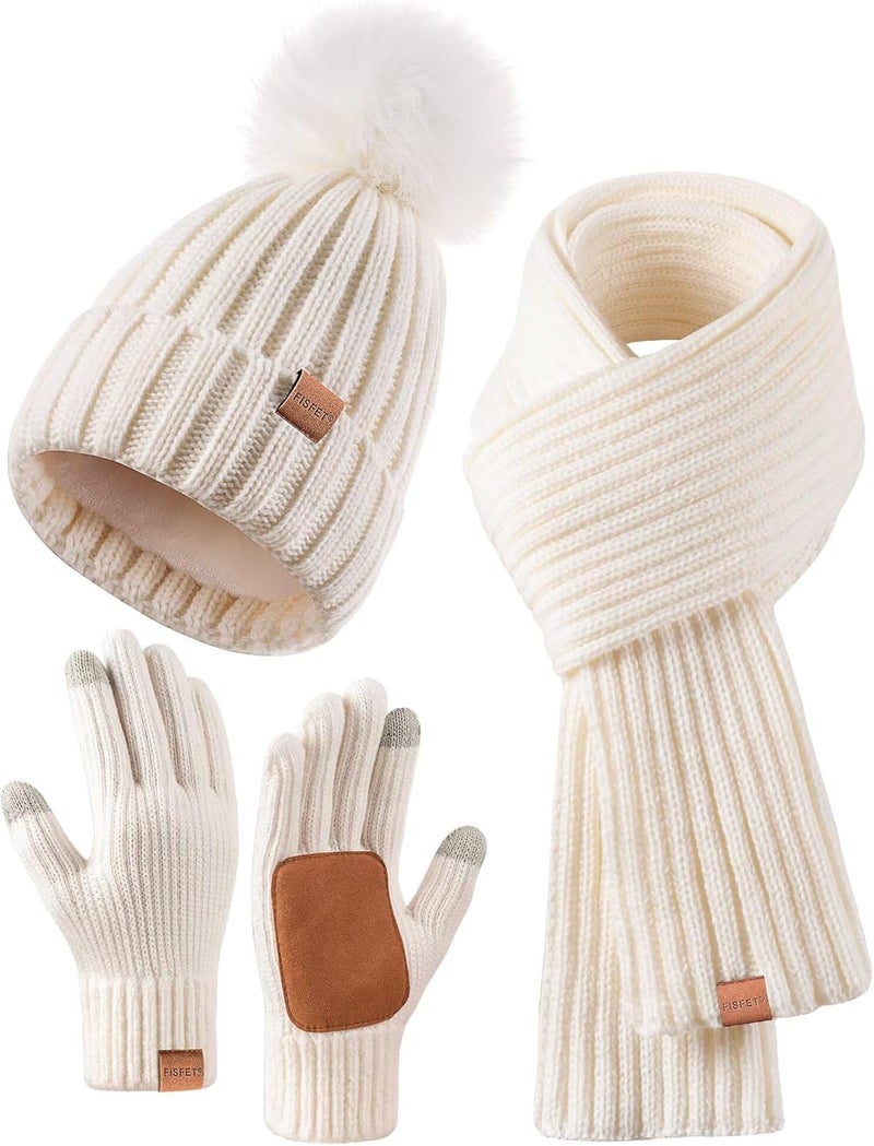 FISFET Winter Beanie Hat Scarf Gloves Set for Women, Womens Beanie with Pom Pom Long Scarf Neck Warmer Touchscreen Gloves 3 in 1 Set - Image 1